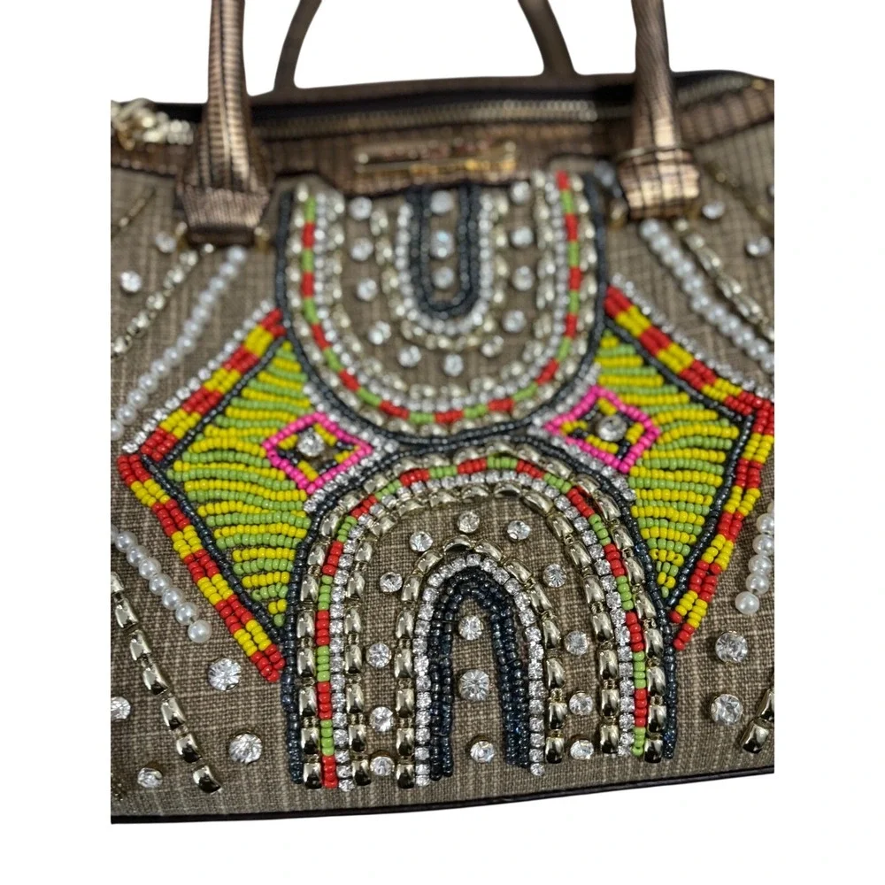 Nicole Lee Beaded Crystal Satchel Bag Metallic Bronze Tan Geometric Boho Handbag